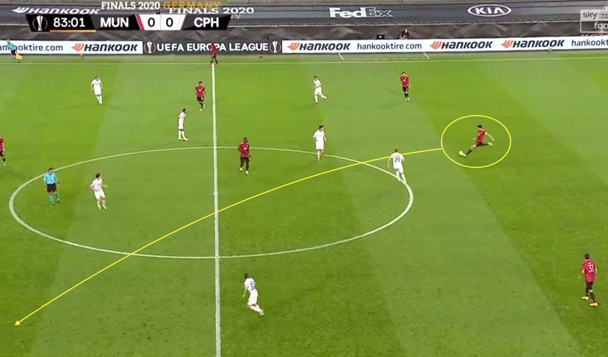 Harry is also able to break down defenses higher up the pitch by breaking lines and eliminating defenders with long passes. Maguire is able to split the defenders to find an advancing Brandon Williams in the final third on the left, behind the two initial lines of pressure.