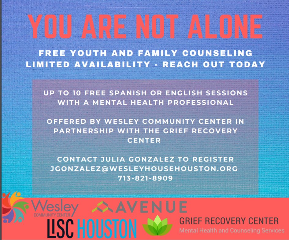 LilianaGRoo's tweet photo. Opportunity for FREE Youth and Family Counseling in Near Northside. Thanks @WesleyCCHouston @AvenueCDC @LISC_Houston  @northside_hs @ShermanES1 @BerryWraparound @JeffersonES2 @MarshallMS_HISD @CMartinez_HISD @robertozamora https://t.co/kFZGLIygPx
