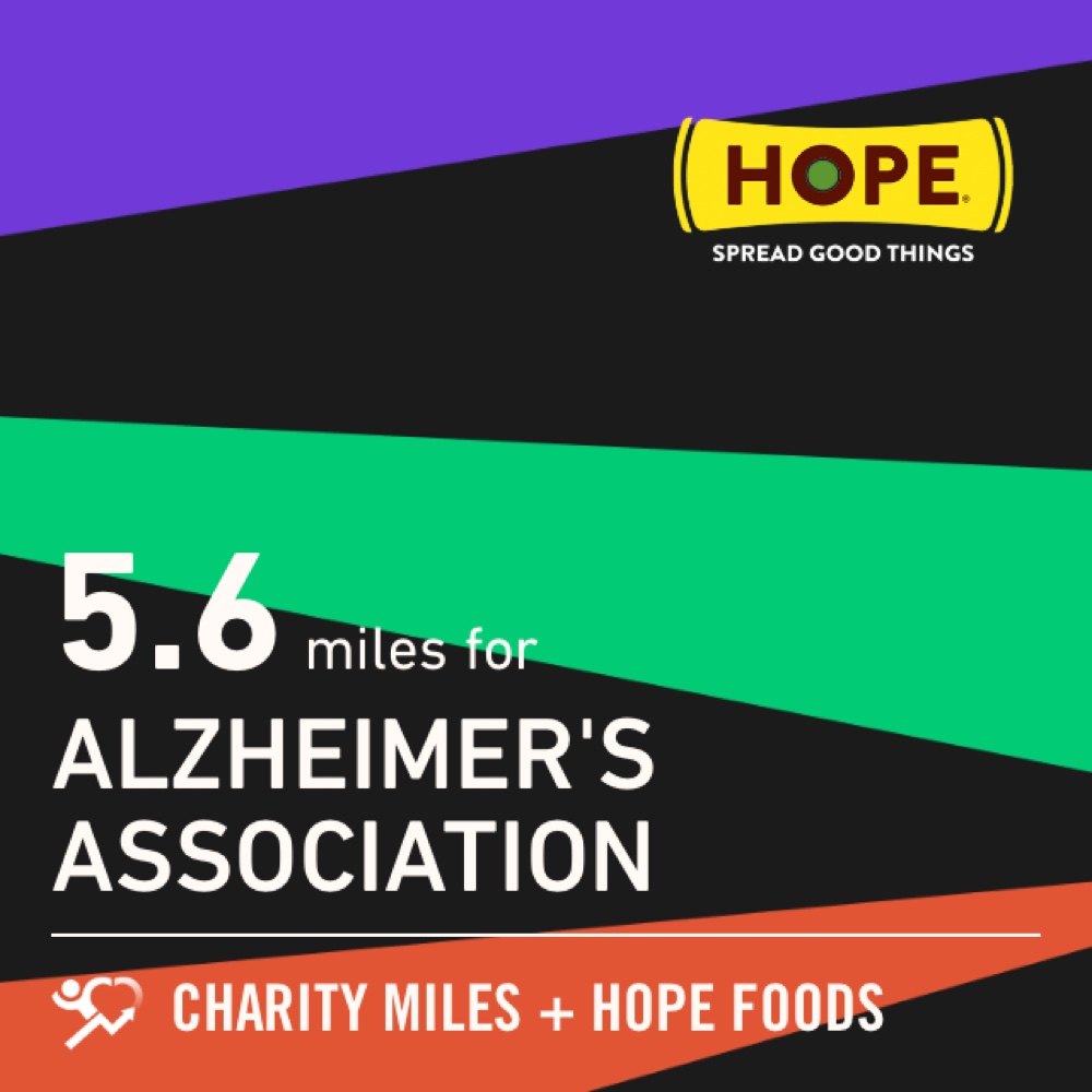 5.6 <a href="/CharityMiles/">Charity Miles</a> for <a href="/alzassociation/">Alzheimer's Association</a>. Thx <a href="/HopeHummus/">Hope Foods</a> for sponsoring me! #SpreadHope