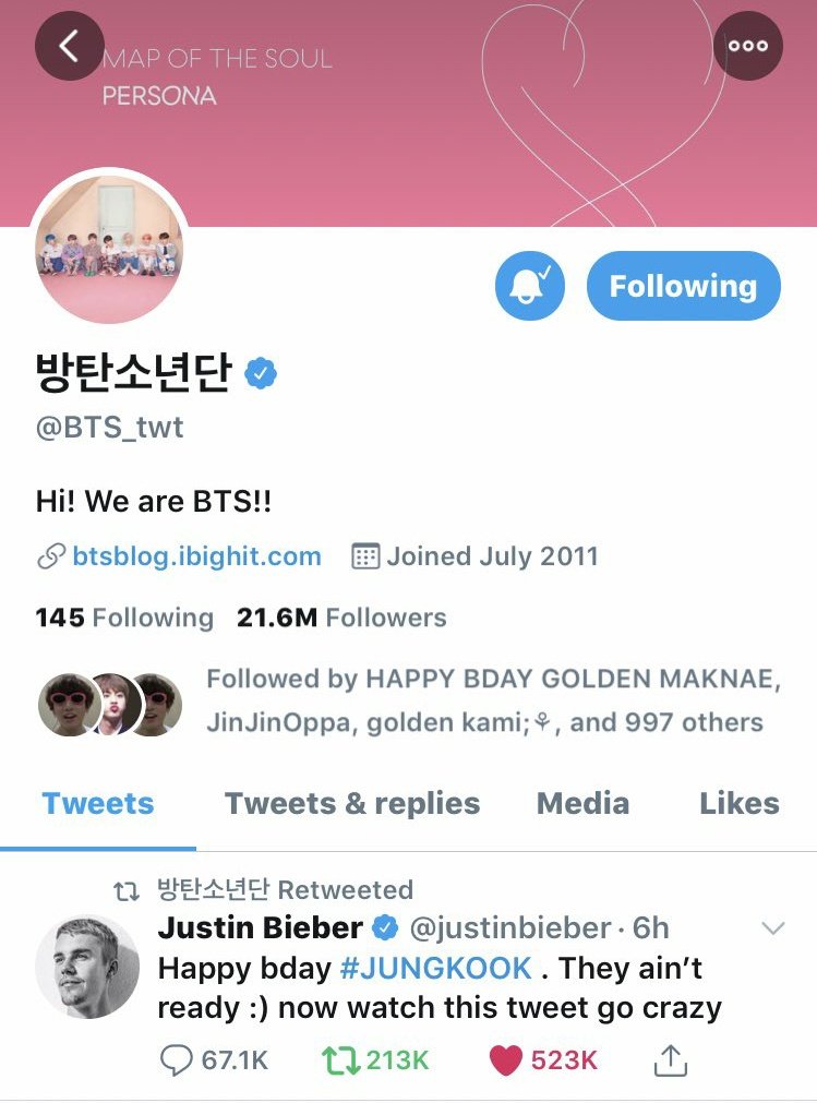 38. Out of all birthday wishes, Jungkook only RT’d Justin's birthday wish (I can only imagine Jungkook's reaction when he saw that tweet )