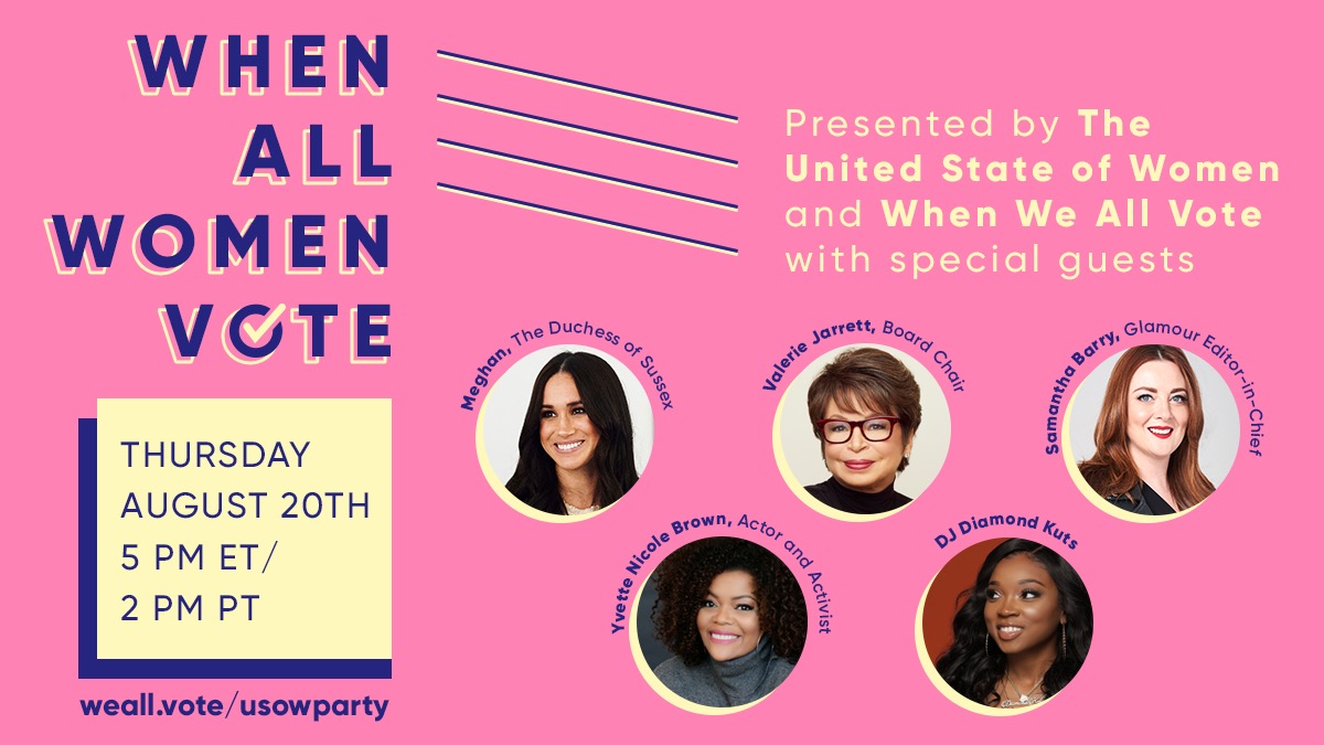 Meghan, The Duchess of Sussex ✨, @YNB, @GlamourMag’s @SamanthaBarry, @ValerieJarrett,  and @DJDiamondKuts are all coming to our #WhenAllWomenVote Voter Registration #CouchParty!

Join us at 5pm ET. R.S.V.P. to save your spot: weall.vote/usowparty

Closed captions available!