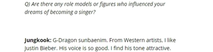 36. Jungkook mentioning that Justin Bieber was one of his biggest influences of him becoming a singer.