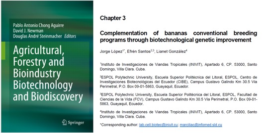 cibe_espol's tweet photo. Pablo Chong,Efrén Santos,Juan Cevallos y Gabriela Maridueña, investigadores del #CIBE publicaron capítulos de libro sobre #banano #plátano y #cacao en colaboración con @INIVIT_Cuba, @universityofga(USA), #ISTOM(Francia) y #CECAO. Accede a los archivos en: https://t.co/DfeTeCDImj https://t.co/E4iW4CnYyw