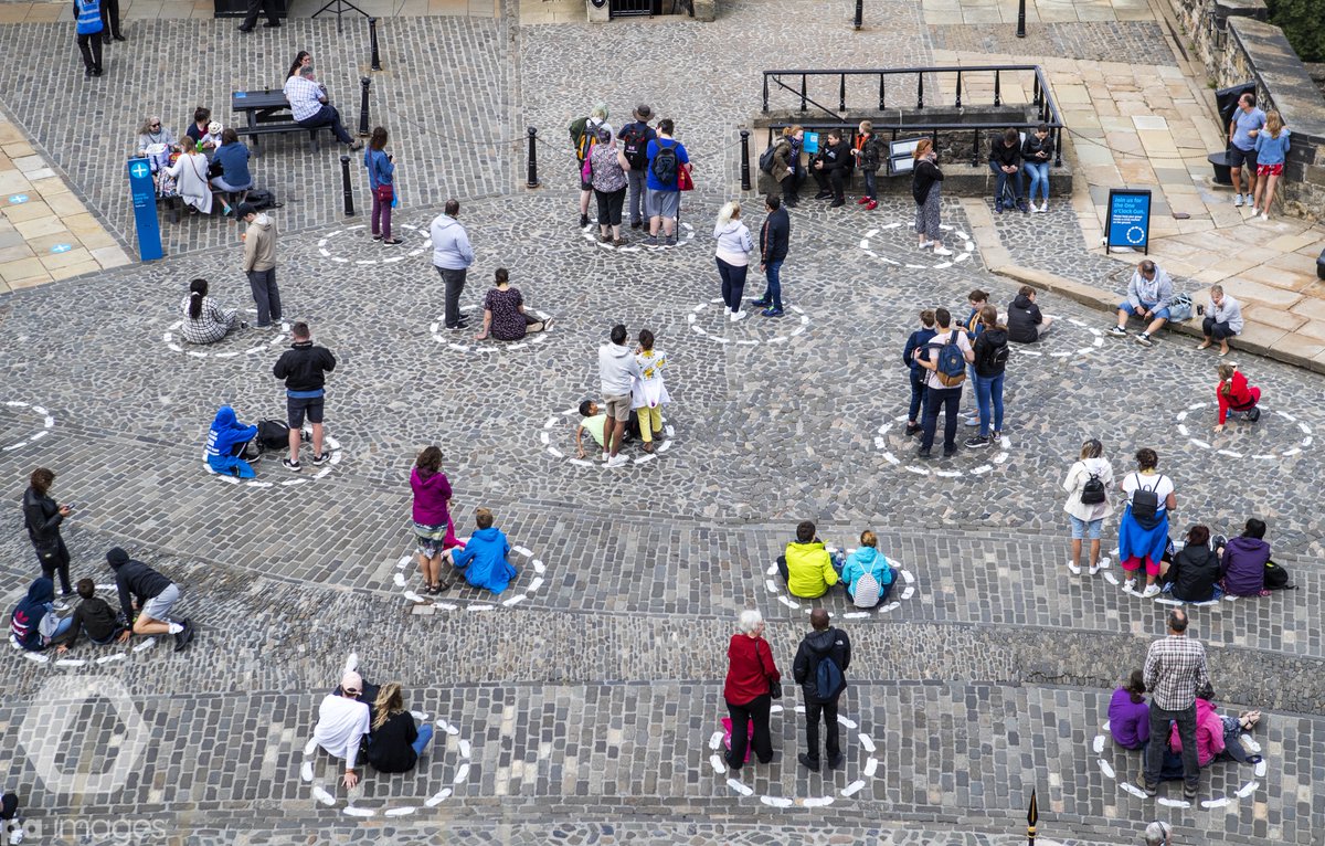 Pa Images Visitors At Edinburgh Castle Stand Socially Distanced In Marked Out Circles As They Watch The Daily One O Clock Gun Ceremony As Scotland Continues In Phase 3 Of Coronavirus