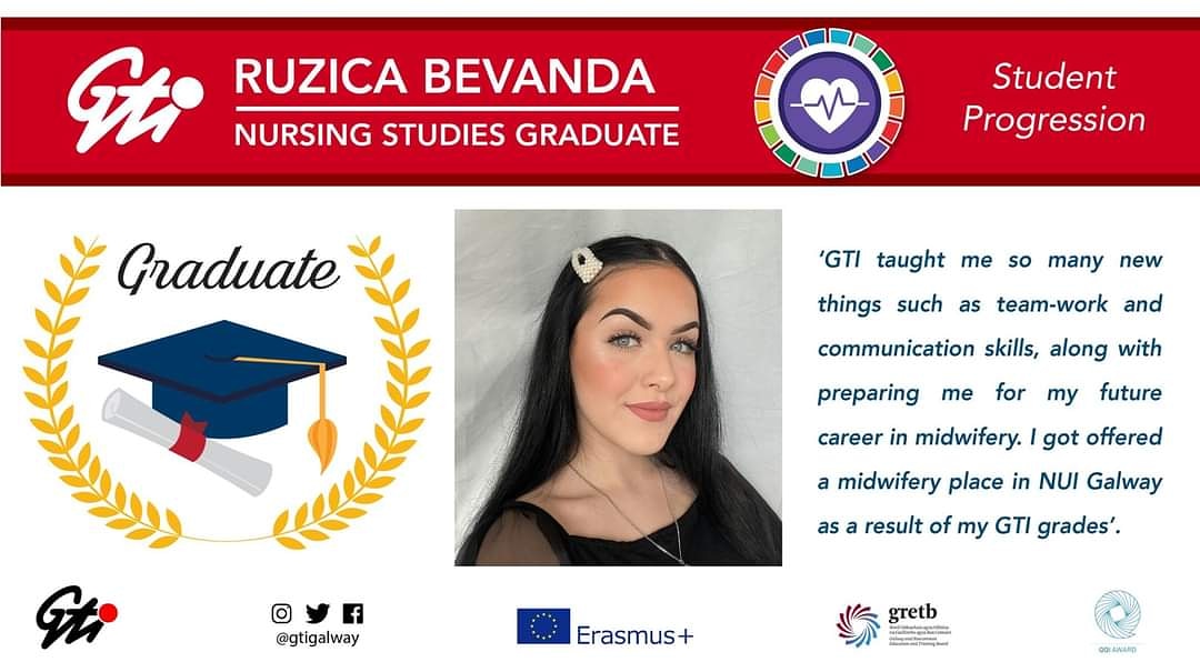 Congratulations to GTI Nursing Studies graduate Ruzica Bevanda who has been offered a midwifery place in NUI Galway as a result of her excellent grades achieved during her time at GTI. We are delighted for her.

Well done Ruzica from all at GTI 👏👩‍🎓🎓#APPLYNOW #GTIGalway #GRETB