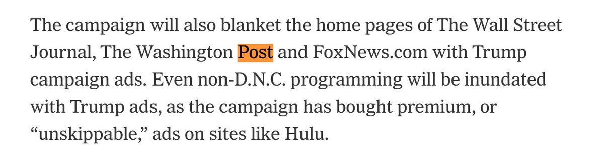 I find it charming that some of you want to blame Google for the Trump takeover (ad) of  @washingtonpost. No, it's not programmatic. It was an explicit buy. The Times wrote about it.  https://www.nytimes.com/2020/08/15/us/politics/trump-campaign-ads-dnc.html