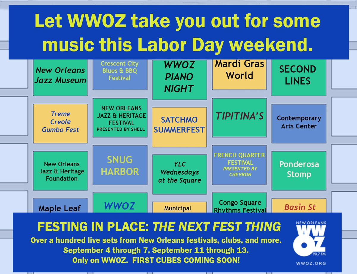 wwoz_neworleans's tweet photo. "Festing In Place: The Next Fest Thing" cubes coming soon! https://t.co/bxOeLwzetS https://t.co/hKi3Z2wjCa