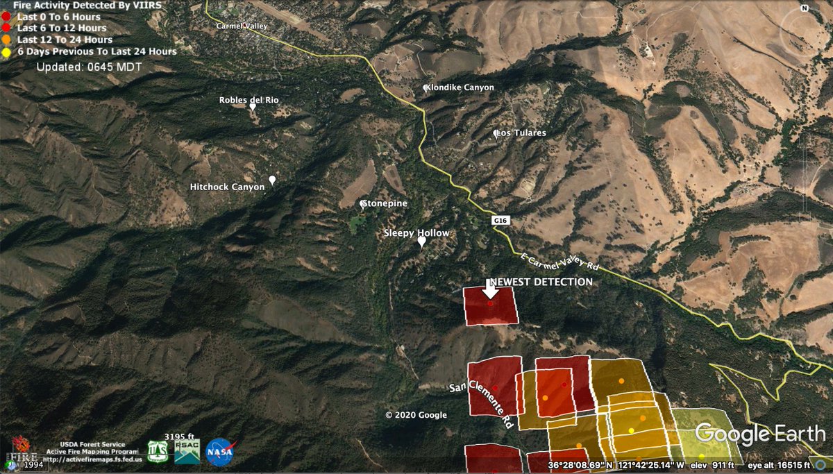 1/ Overnight we've see new fire detected on the north-facing ridge above Sleepy Hollow just outside of Carmel Valley Village. Here's VIIRS looking north from the leading edge of the  #CarmelFire