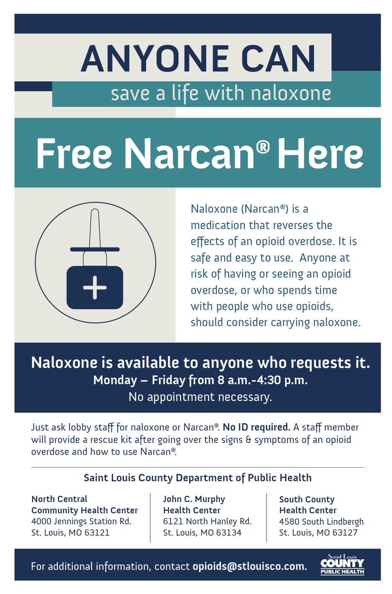 StLCountyDOH's tweet photo. Anyone at risk of having or seeing an opioid overdose, or who spends time with people who use opioids, should consider carrying naloxone. It's available to anyone who requests it. #Knowstlco #AnyoneCanStL https://t.co/2VOL8W7Y12