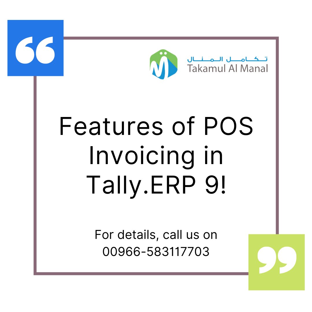 The POS invoicing functionality in Tally.ERP 9:

-> Simple and user friendly
-> Quick and easy to setup &amp; use
-> Facilitates faster data entry &amp; calculations
-> Helps you to calculate sales &amp; sale proceeds
-> Manages inventory &amp; facilitates bar code scanner operations &amp; much more