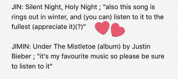 45. Jimin mentioning 'Under the Mistletoe' his one of his favourite albums.