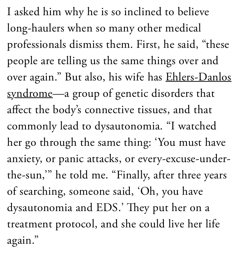 I asked David Putrino, who runs a Mt Sinai program, why he believes long-haulers when so many physicians do not. This is what he said. 2/ https://www.theatlantic.com/health/archive/2020/08/long-haulers-covid-19-recognition-support-groups-symptoms/615382/