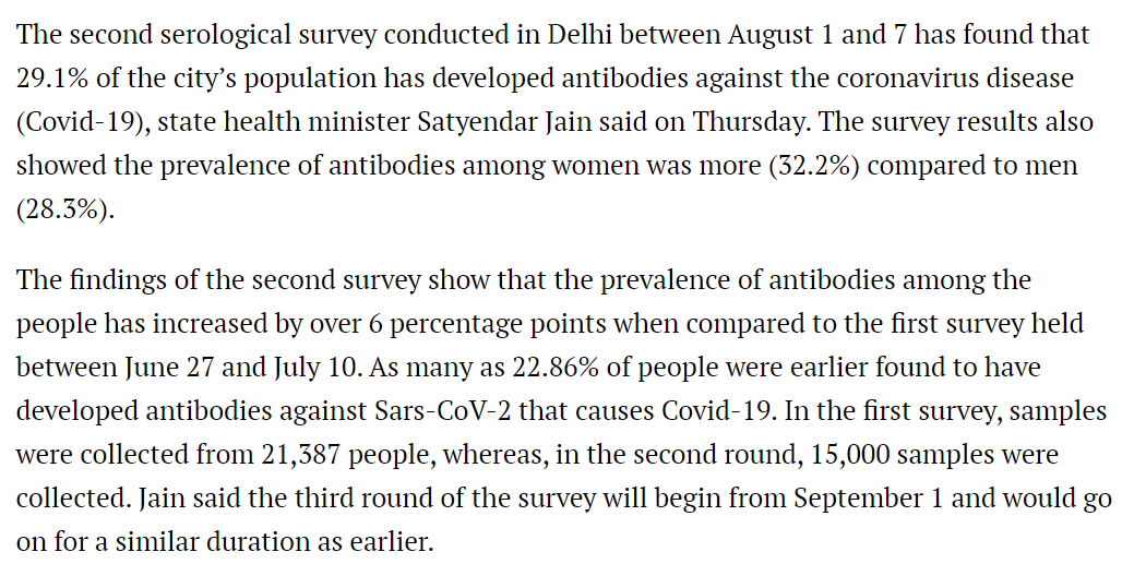  https://twitter.com/AtomsksSanakan/status/1293519777735073794Delhi, India:29%:  https://www.hindustantimes.com/india-news/29-of-delhi-has-antibodies-for-covid-19-second-sero-survey/story-JE4rKi7lMDYaOgAacWoCVK.html