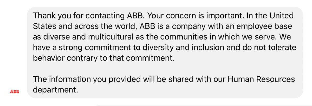 SilentSamIAm's tweet photo. This is ABB's response thus far about their racist employee Tracey Ovitt who has ties to League of the South. ABB has a facility in Mebane; Ovitt appears fixated on local activists, their families, and appeasing LoS member Woody Weaver thru her barrage of Fb posts.  @ABBgroupnews https://t.co/TW716Qa2TF