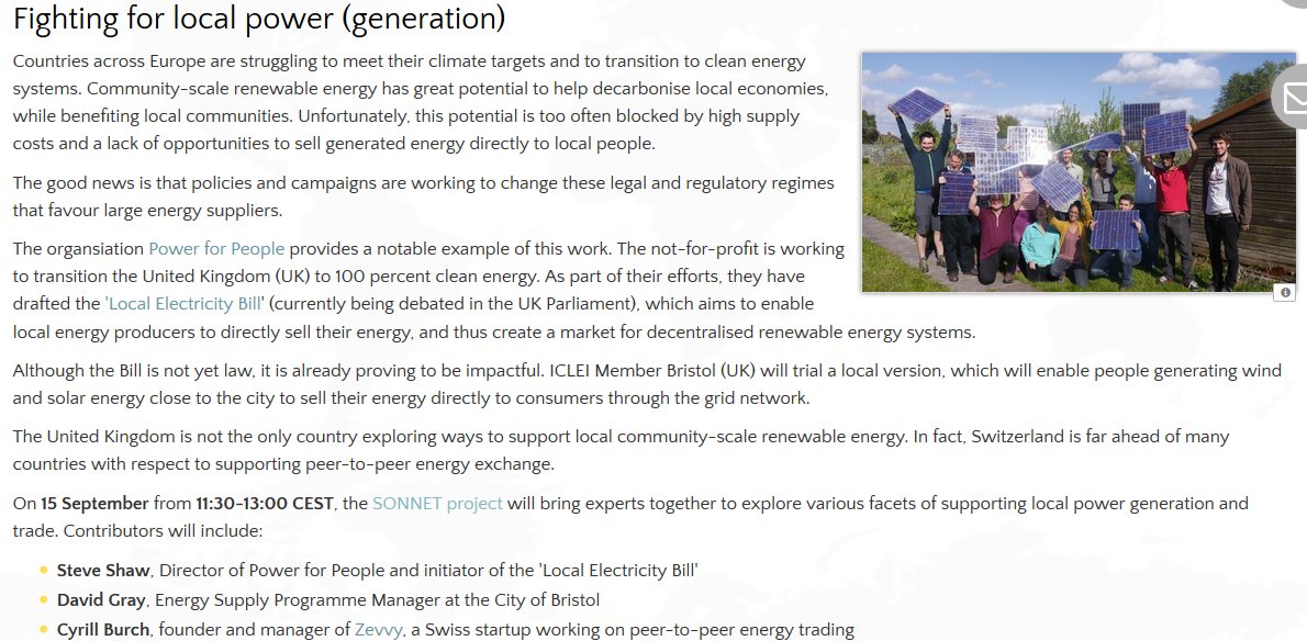 ICLEI_Europe's tweet photo. Do you want to learn about #local, #CommunityScale energy?
Join @SONNET_energy on 15 Sept as they bring together @Power4PeopleUK, @Energy4Bristol & #Zevvy to discuss the policies, initiatives and campaigns that make community energy possible
More at: https://t.co/vSn2dZiZFY https://t.co/fclR4B15t3