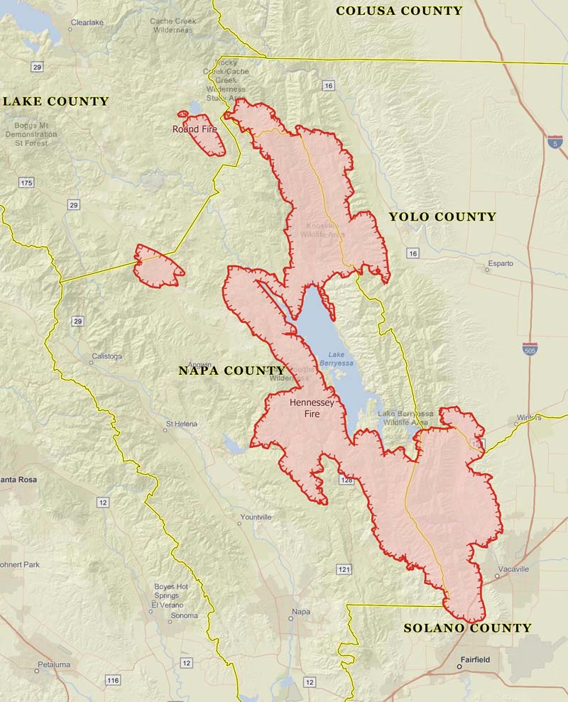 Wildfire Today Multiple Fires Merge In California S North Bay Area To Burn Over 1 000 Acres The Lnulightingcomplex Of Fires Is In Napa Lake Yolo And Solano Counties Map By