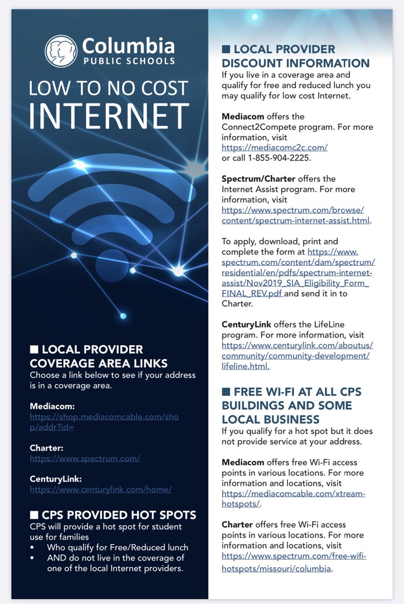 Info on internet options for families. In case you missed it, a recorded session on tech &amp; low to no cost internet is available via Parent-Community University: cpsk12.org/PCU  More tech info for fall is also available here: cpsk12.org/fall2020. ⁦⁦<a href="/tech_cps/">CPSTech</a>⁩