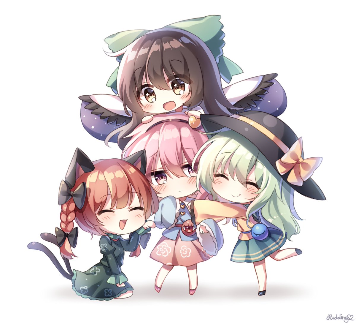 kaenbyou rin ,komeiji koishi ,komeiji satori ,reiuji utsuho multiple girls 4girls green skirt bow animal ears hat braid  illustration images