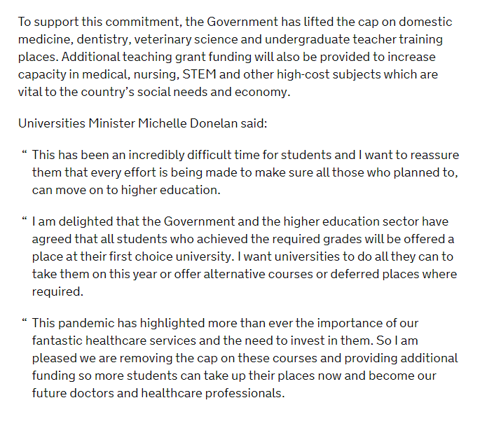 It's positive that  @GOVUK has lifted the cap on medical school places, & that the offers will be honoured. There must, however, also be a commitment that all UK med school graduates will be guaranteed a job & Foundation Programme place upon graduation. https://www.gov.uk/government/news/action-agreed-to-support-students-into-preferred-universities