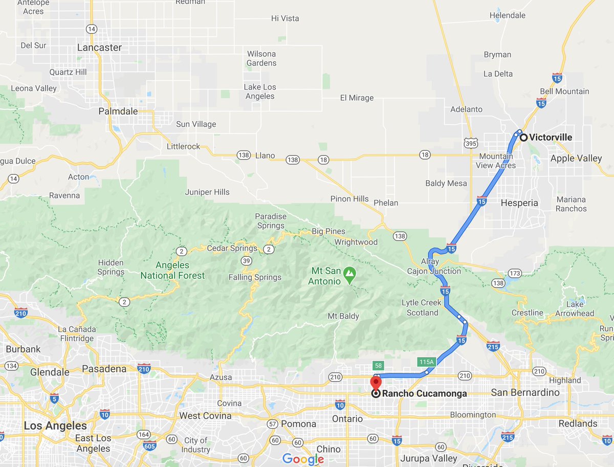 OK, on to the Rancho Cucamonga route: Just before the Virgin Trains partnership fell apart, Brightline discussed a route paralleling I-15 from Victorville to connect with Metrolink's San Bernardino line. This route is just about 5 miles shorter than the High Desert Corridor.