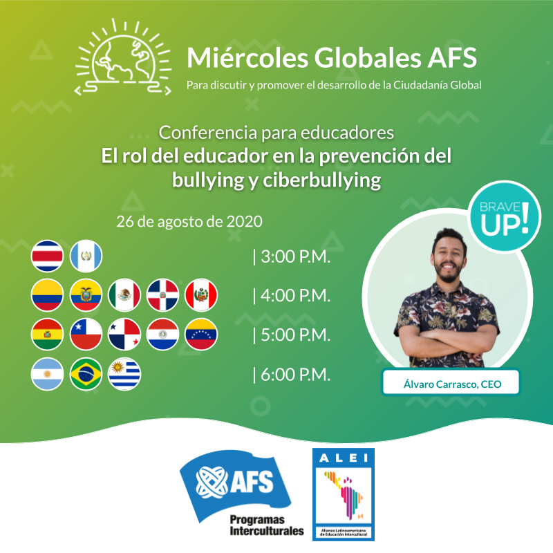 AFSMexico's tweet photo. A los #Educadores de #AméricaLatina.

➡️ Conéctense a nuestra próxima edición de #MiércolesGlobalesAFS: El rol del educador en la prevención del #bullying y #ciberbullying

Es un evento en línea y gratuito➡️ https://t.co/s1AorTPCBK

 #AFSeffect #AFSMéxico #ALEI https://t.co/mg68cEvnPn