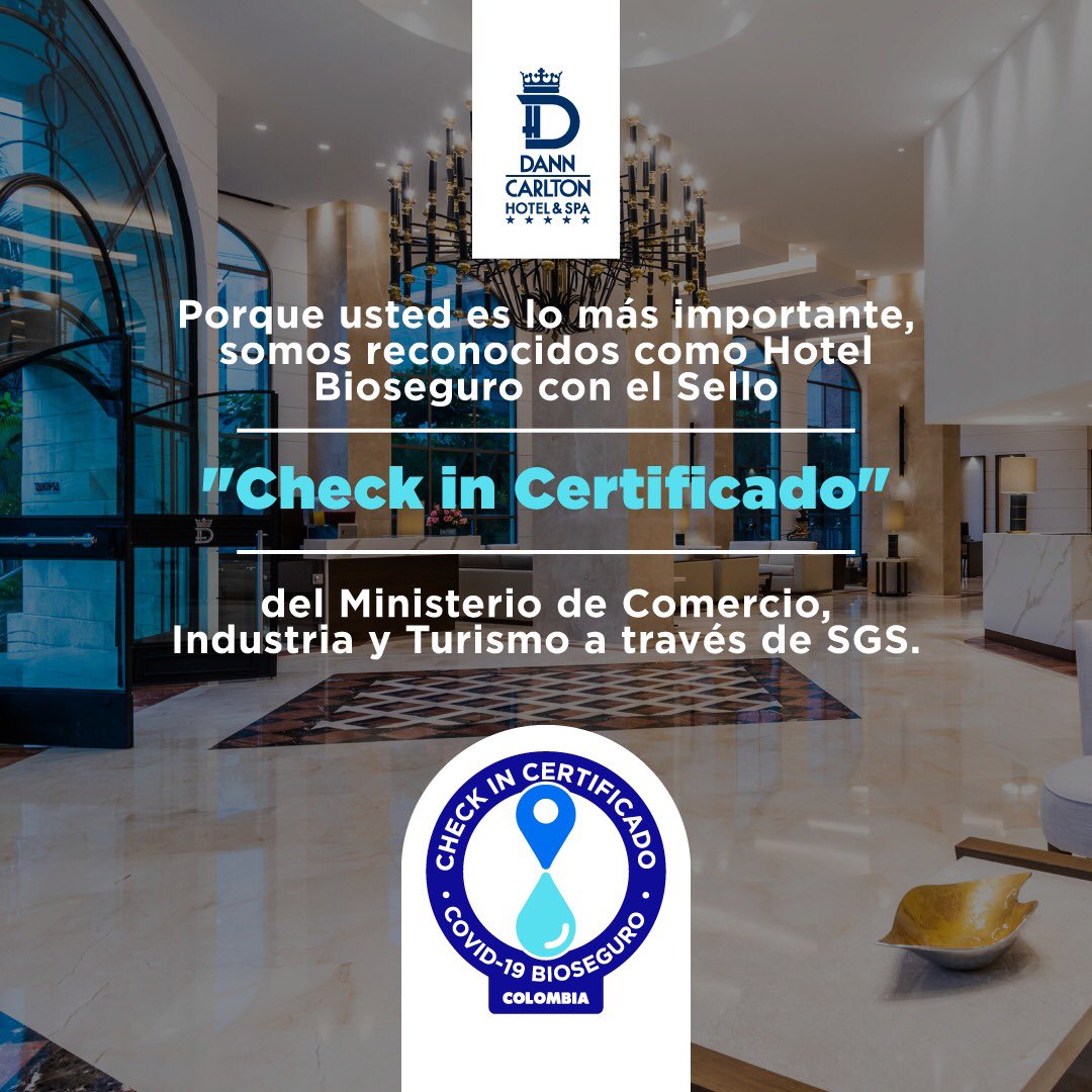Nos complace informar a nuestra comunidad que hemos recibido el sello Check In Certificado de parte del Ministerio de Comercio, Industria y Turismo que nos certifica como un Hotel Bioseguro. 
Disfruta con tranquilidad mientras te cuidamos. #BioSeguriDann #Bucaramanga #Santander