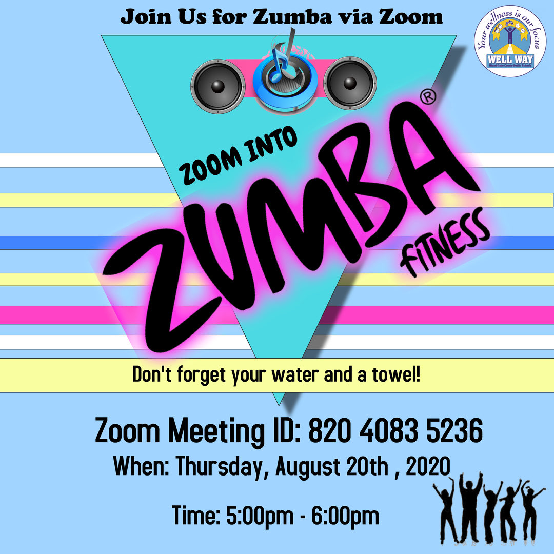 MDCPSWellWay's tweet photo. Today at 5 PM! Zoom into Zumba with Well Way &amp; @FiredUpAForce !!! No password needed! Great way to relieve stress and get into shape. 🕺💃🏾 #MDCPSHealthyEmployees https://t.co/5dGxCq9ZoF
