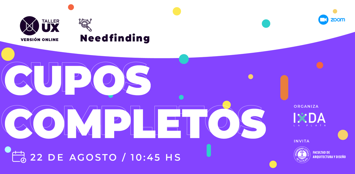 ixdalaplata's tweet photo. No hay más vacantes, se nos acabaron las sillas. Para quienes obtuvieron su lugar, nos vemos en el Taller #2: NEEDFINDING este sábado 22 de agosto a las 10:45AM en nuestra WAITING ROOM de ZOOM
#TallerUX #ixdalaplata #nosvemosporzoom #ComunidadUXLaPlata #quedateencasa #needfinding https://t.co/naRjJwsoT7