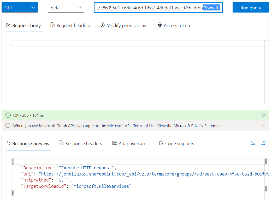 johnnliu's tweet photo. 👨‍🔬#FlowNinja 120 calling tenant termstore via Send HTTP to SharePoint flow action.

1. add some new tenant terms
2. play with graph explorer https://t.co/e8aukHDmEk
3. append $whatIf wonderful ❤ FileServices
4. use Send HTTP with SharePoint via _api

this means standard action https://t.co/eSJLrACFch