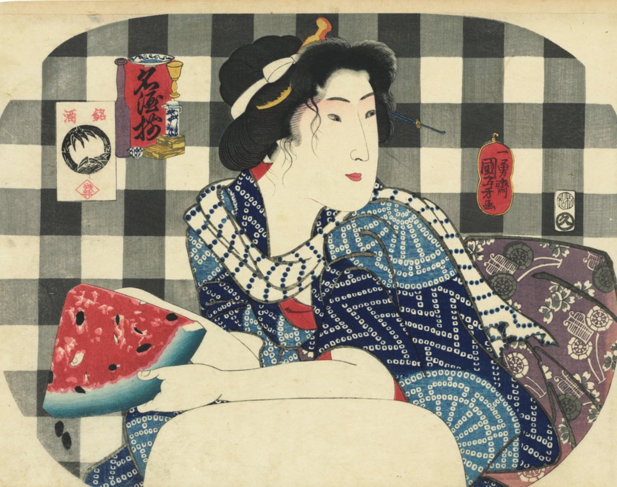 There are many Japanese images of watermelon, particularly from the 19th c. Here's two my man, Utagawa Kuniyoshi (mid 1840s) featuring women holding a slices of watermelon. (名所揃い、五行之内　西瓜の水性)
