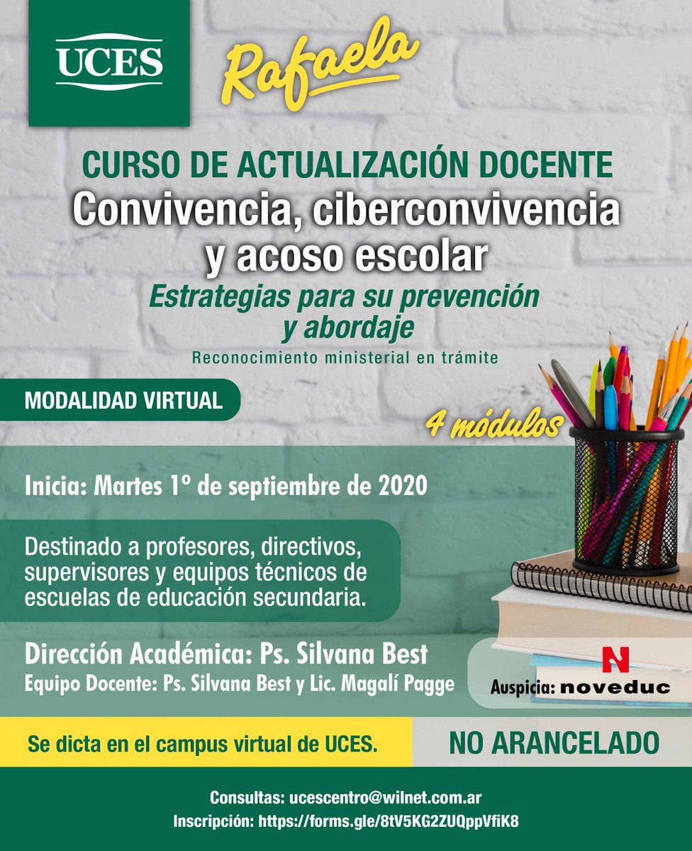 universidaduces's tweet photo. CONVIVENCIA, CIBERCONVIVENCIA Y ACOSO ESCOLAR, ESTRATEGIAS PARA SU PREVENCIÓN Y ABORDAJE.
👉 Curso de actualización docente.
📆 Martes 1º de septiembre
💻 Campus Virtual UCES
📧 ucescentro@wilnet.com.ar
🔗 https://t.co/DXZuKiL2g5 https://t.co/wdZT3vIUB8