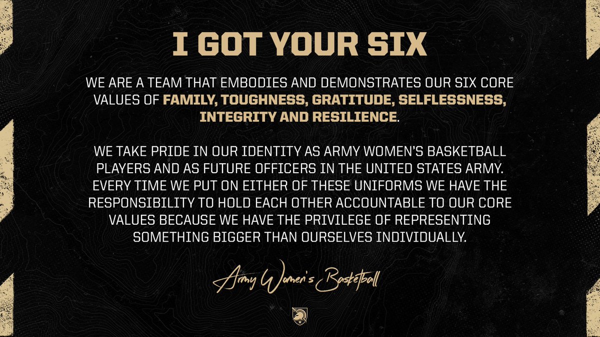 ArmyWP_WBB's tweet photo. Family, Toughness, Gratitude, Selflessness, Integrity, Resilience 

#IGotYourSix #GoArmy https://t.co/JyUU049ken