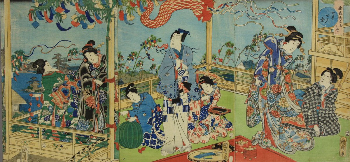 Do you think that boy is measuring the big watermelon? It sure looks like it! Waseda has a gorgeous edition of this Toyohara Kunichika print. (源氏五節句之内七月七夕祭 文庫30 B0236) https://www.wul.waseda.ac.jp/kotenseki/html/bunko30/bunko30_b0236/index.html