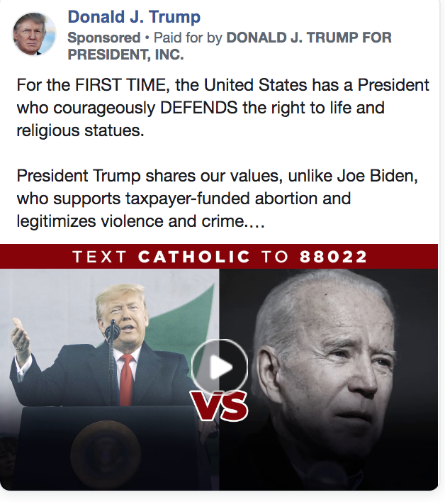 Interesting. Trump's FB ads during DemConvention targeting Catholics in battleground states of FL, OH, PA, WI, AZ and ME. Mixing choice with violence and crime...Biden is catholic and Trump is not. #DemConvention #2020Election