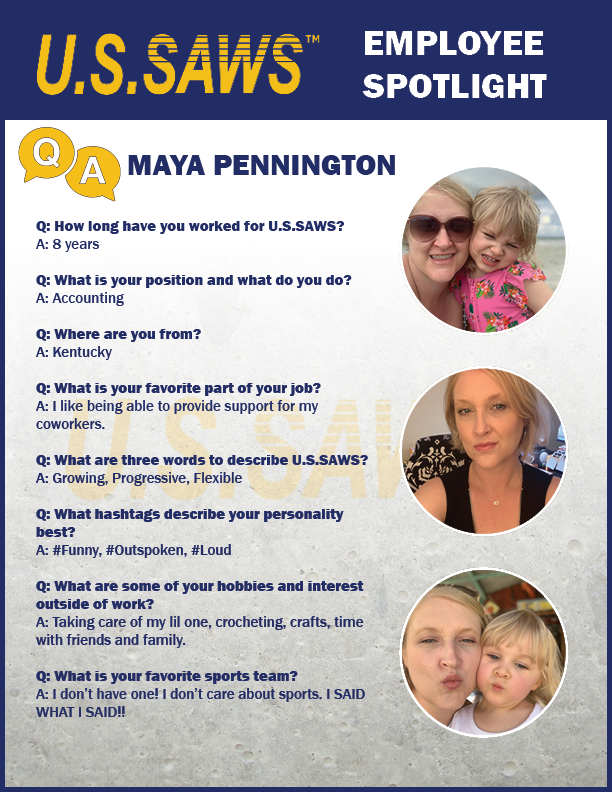 It's time to get to know the team Thursday! Jump over to our page every other Thursday to get to know our awesome employees!This week we are highlighting Maya Pennington, who helps run our Accounting Department.  THANK YOU for all your hard work!