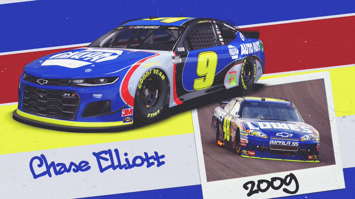 NASCAR's tweet photo. A fitting tribute for a seven-time champion. 

@chaseelliott, @WilliamByron and @AlexBowman88 will run these #NASCARThrowback schemes honoring @TeamHendrick teammate @JimmieJohnson at @TooToughToTame. https://t.co/qzcWvrdAbH