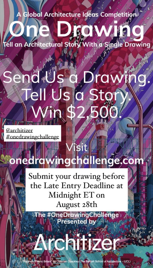 reddymadedesign's tweet photo. The Second Annual One Drawing Challenge is open for entries! Submit your drawing before the Late Entry Deadline at Midnight ET on August 28th! @Architizer #onedrawingchallenge Go to: https://t.co/2pKy7f1vx4 to enter! https://t.co/CF1CaWX00l
