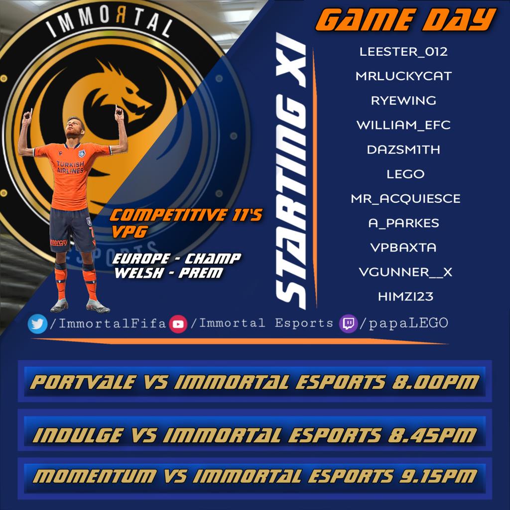 🟠 Tonight's Line Up &amp; Fixtures 🟠

@VPG_WALES 
🆚️ <a href="/PVFCeSports/">Port Vale eSports</a> 
🕰 8:00pm

<a href="/OfficialVPG/">Virtual Pro Gaming</a> Champ North 
🆚️ @Indulge_FIFA 
🕰 8:45pm

<a href="/OfficialVPG/">Virtual Pro Gaming</a> Champ North
🆚️ <a href="/MomentumES/">Momentum Election Services</a> 
🕰 9:15pm

GL to our opponents!

#WeAreImmortal