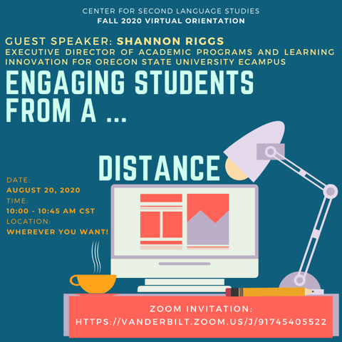 Vandy_VCL's tweet photo. Shannon Riggs from the University of Oregon speaks on "Engaging Students from a Students" today, 20th August at 10 am. Join us!!!!!!!!.
#Vandy #vandycsls #virtuallearning https://t.co/b9fCrqtQTU
