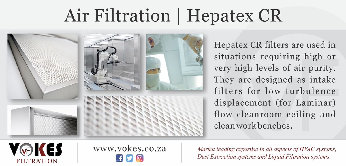 VokesFiltration's tweet photo. Hepatex CR filters are used in situations requiring high or very high levels of air purity.
#vokesfiltration #vokes #HepatexCR #filtration #AirFiltration #CleanRooms #MedialFilters #MedicalFiltration #CleanRoomFiltration #TaigeisDigital https://t.co/qquL5a4Gf2