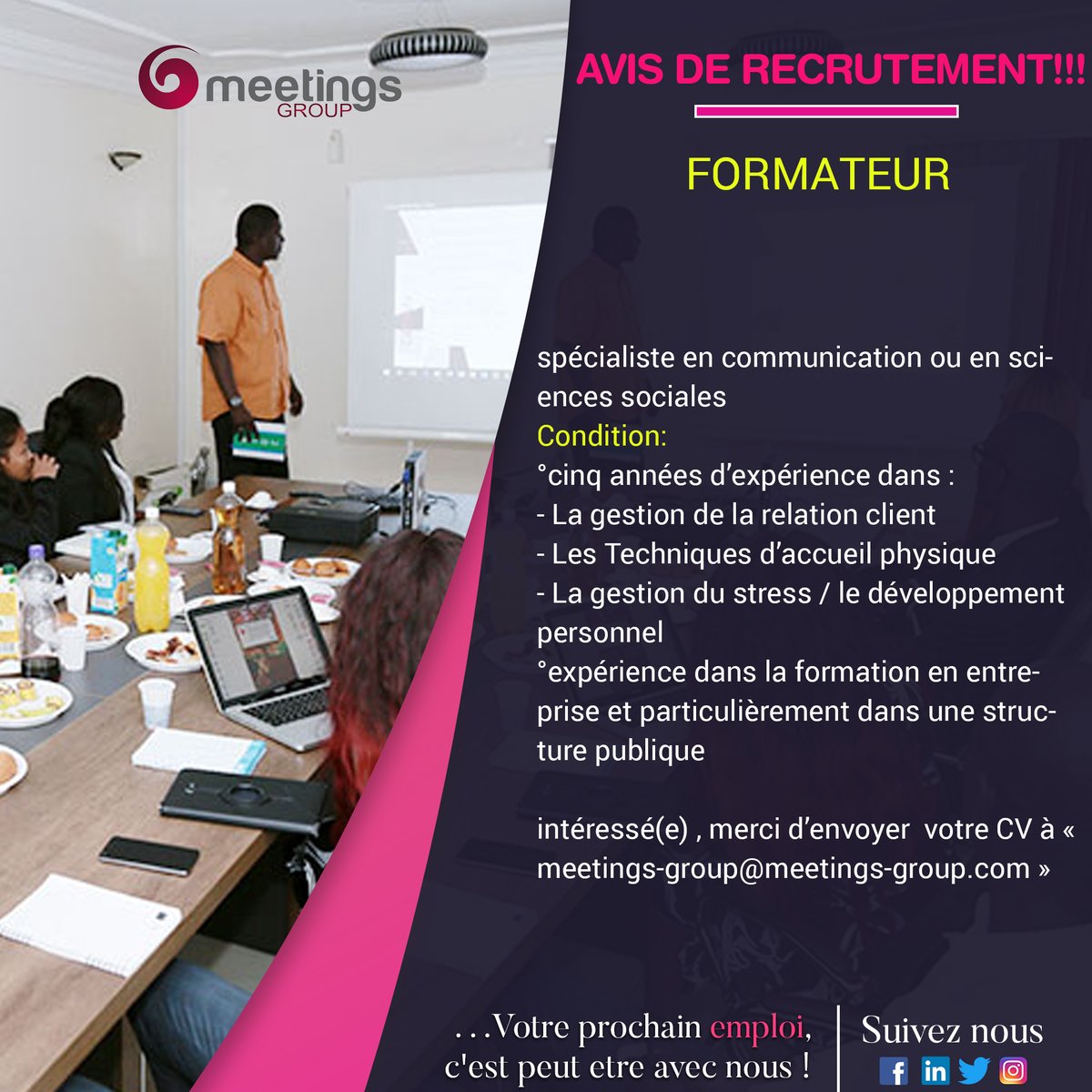 group_meetings's tweet photo. Nous recherchons un formateur spécialiste en communication ou en sciences sociales.
Il devra avoir au moins cinq années d’expérience dans :
- La gestion de la relation client
- Les Techniques d’accueil physique
- La gestion du stress / le développement personnel
1/2 👇👇👇 https://t.co/WNSJR9WEgM