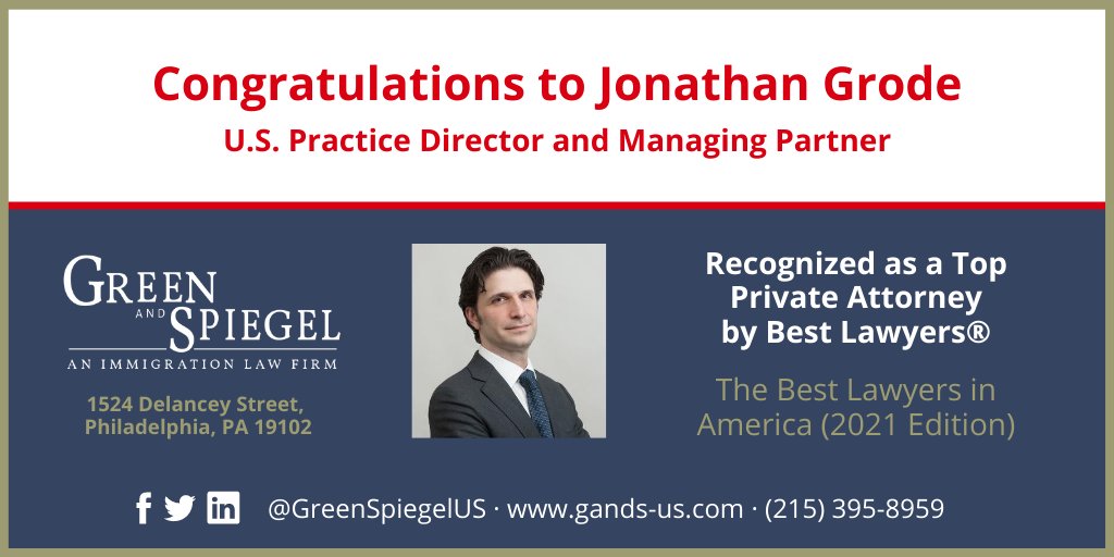 Congratulations to Jonathan Grode, who has just been recognized as a top private attorney in The <a href="/BestLawyers/">Best Lawyers</a> in America (2021 Edition). This is Jonathan’s first time receiving this award. Learn more: bit.ly/3gcBzus #Attorney #BestLawyers #GreenSpiegelUS #ImigrationLaw