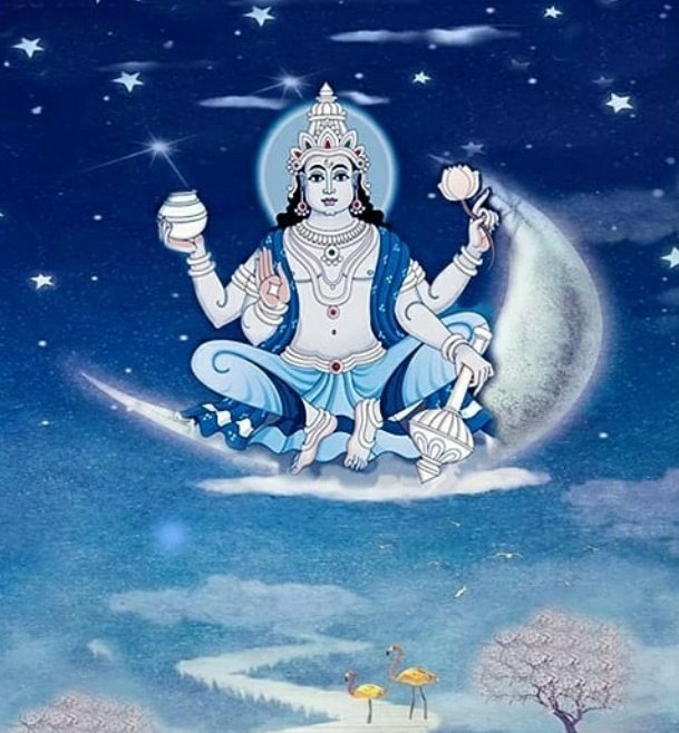 2)Chandrama(Moon)One lakh Yojan above the sunrays we can locate the Chandrama(moon). He is eternally ahead of all nakshatras due to his speed. He travels so fast that whatever time the Sun takes to travel in a year,the Chandrama has already completed two rounds.