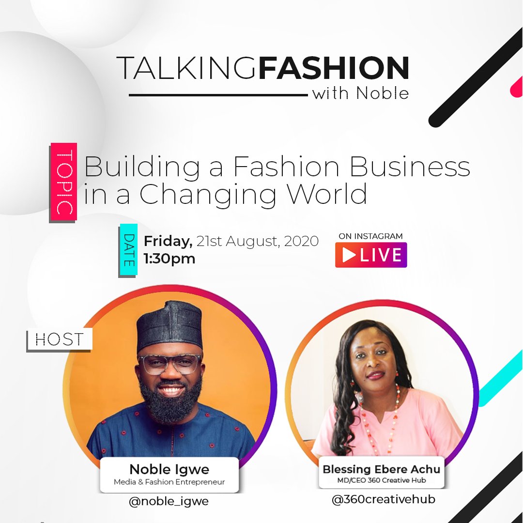 360creativehub's tweet photo. Join the conversation as our CEO @achu_blessing_ebere chats with Media & Fashion entrepreneur, Noble Igwe @Nobsdaslushhkid this Friday August 21st at 1.30pm
#360CreativeHub #FashionBusiness https://t.co/UEMESGi4zo