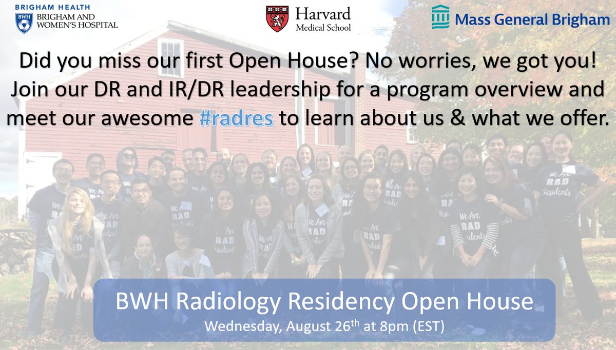 BWHRadEdu's tweet photo. 📢Calling all #futureradres📢
Join us for our 2nd Open House to get to know our program and interact with our #radres in a fun and informative way!
#MedTwitter #Match2021 #medstudenttwitter #medstudents 
Register here: https://t.co/LvMZLAZvxx https://t.co/GMgG5uTxwY