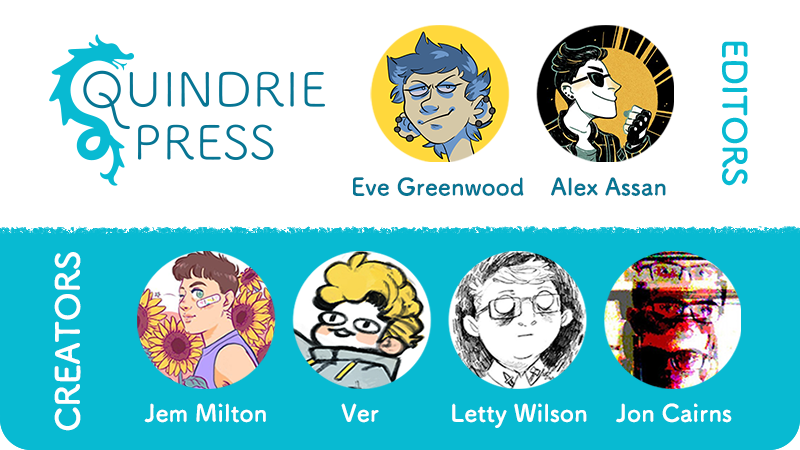 evegwood's tweet photo. Hey, big news! I'm launching @QuindriePress, an indie press with a focus on publishing short comics by UK creators!

Quindrie Press is coming to Kickstarter in spring 2021 with four comics by @jmiltondraws, @verface, @toadlett, and @JonCairns, edited by myself &amp; @alexassanart 🐉 https://t.co/nxmSD3m4bO