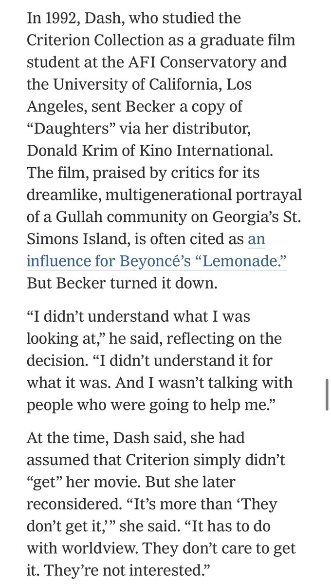 Criterion’s streaming service touted Julie Dash’s DAUGHTERS OF THE DUST in June, but for decades, Criterion had no interest in releasing the film on DVD. “I didn’t understand what I was looking at,” said Criterion president Peter Becker.  https://www.nytimes.com/interactive/2020/08/20/movies/criterion-collection-african-americans.html