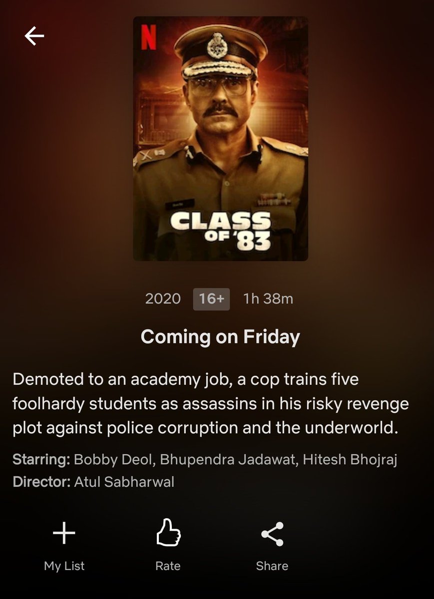 Kumar_Naveen7's tweet photo. @NetflixIndia it's Friday where is "class of 83" ? https://t.co/hlxScbJyvZ