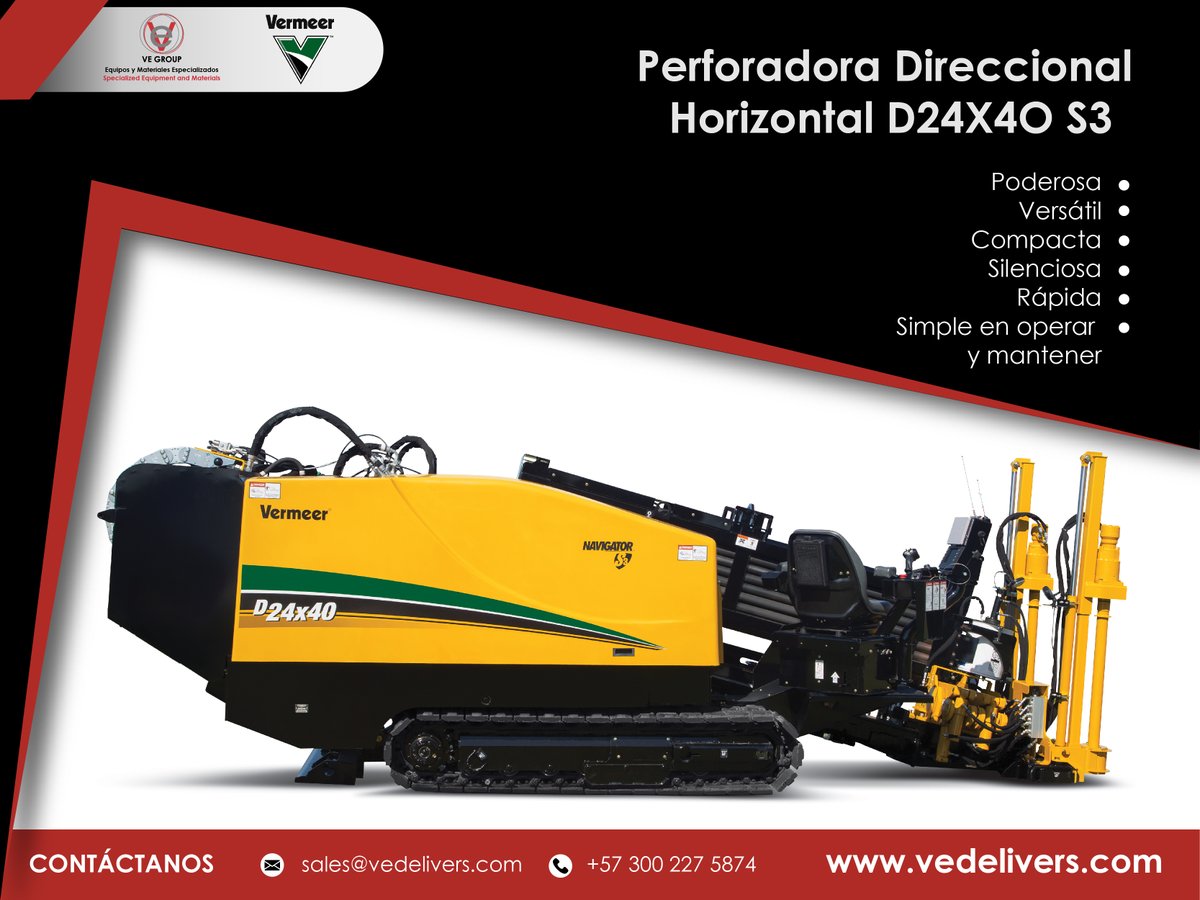VeGroup_Co's tweet photo. La #perforadora D24x40 S3 cuenta con una fuerza de empuje mayor a 24.000 libras. Y 4.000 libra pie de #torque. Esto combinado al espacio #físico que ocupado hace un equipo muy versátil a hora de realizar complejos proyectos de #perforación. #VeGroup te acerca a este sueño https://t.co/pW2v2ywyyV