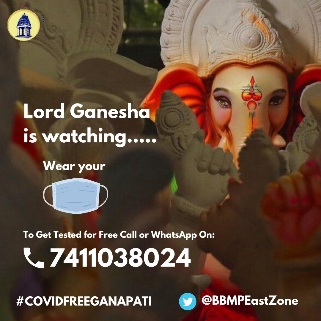 Lord Ganesha is watching.... Wear your mask! Happy Gowri-Ganesha #CovidFreeGanapati #GaneshChaturthi To get tested or to organise a FREE testing booth Call/WhatsApp on 7411038024 - msg by @BbmpEast @BBMPCOMM @BBMP_MAYOR @BSYBJP #GaneshaChaturthi #COVID19 #CovidTesting